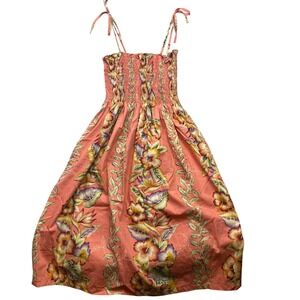 Vintage KY'S Hawaiian Sundress Womens One Size Coral AOP Smocked Beachy Coastal
